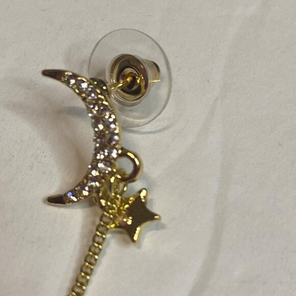 Moon and Star Rhinestone Long Earring Ear Cuff Women’s Gold Tone - Picture 2 of 8